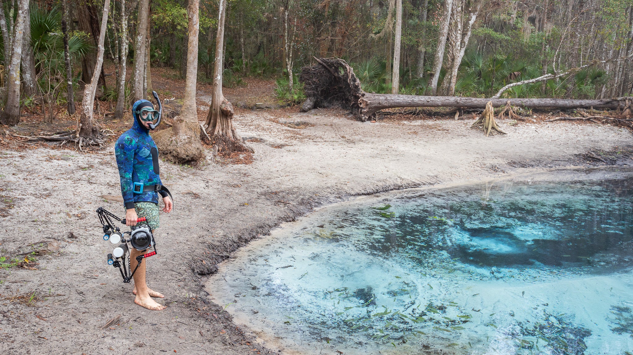 Person in snorkel gear with an underwater camera gear standing near a natural spring of water in a forest